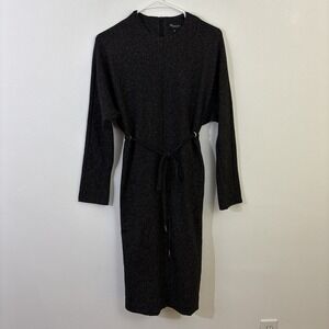 Bianca Nero M Dress Black Sparkle Cinched Drawstring Waist Pockets Long Sleeve